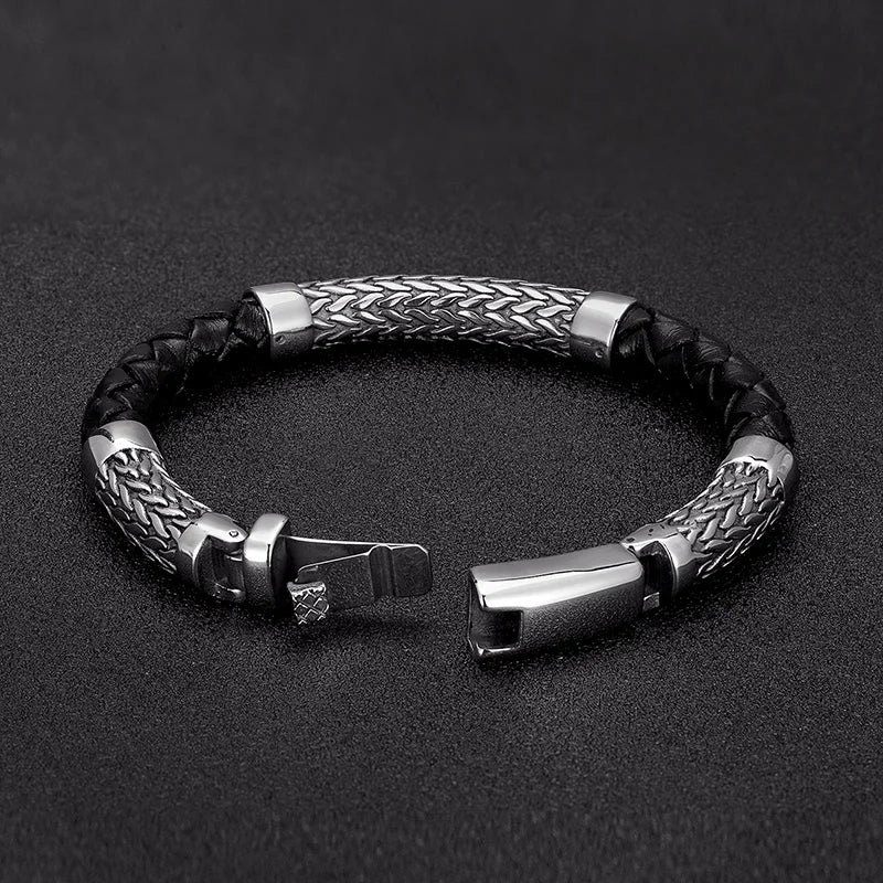 Ragnar Braided Leather & Steel Bracelet