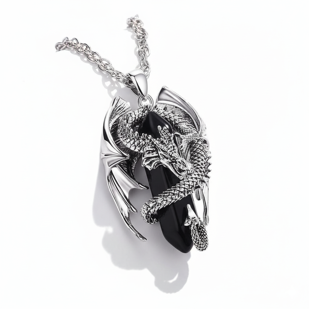 Dragon pendant necklace with black stone on a white background