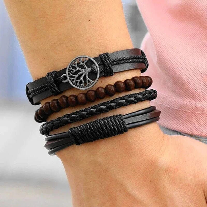 Viking Spirit Leather Bracelet Set – 4 Pieces.old Bracelet Skaldic Jewelry Yggdrasil