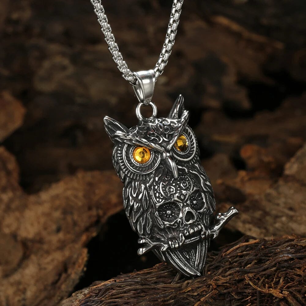 Ancient Owl Skull Necklace in Stainless Steel Necklace Skaldic Jewelry