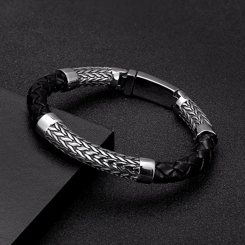 Ragnar Braided Leather & Steel Bracelet