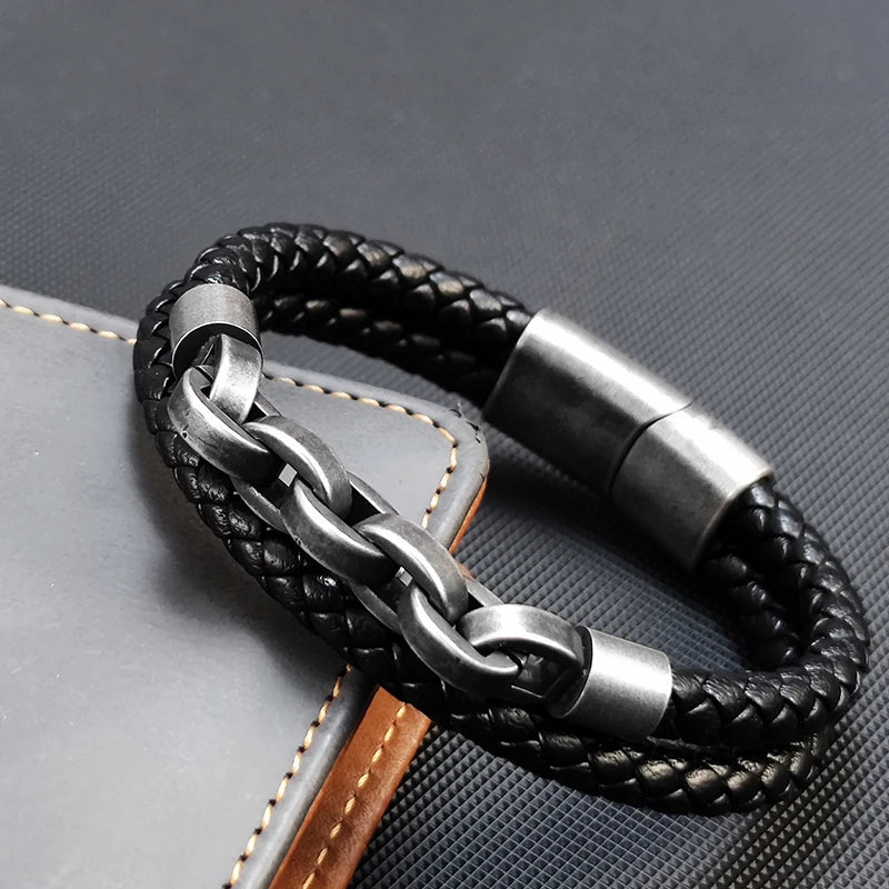 Viking Bold Chain & Leather Bracelet