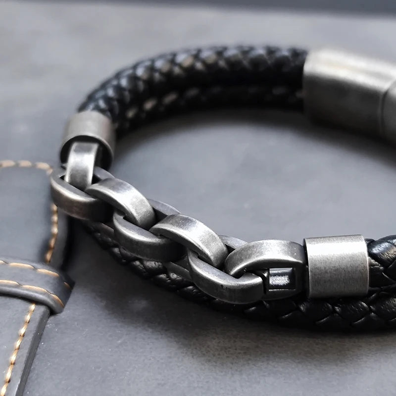 Viking Bold Chain & Leather Bracelet
