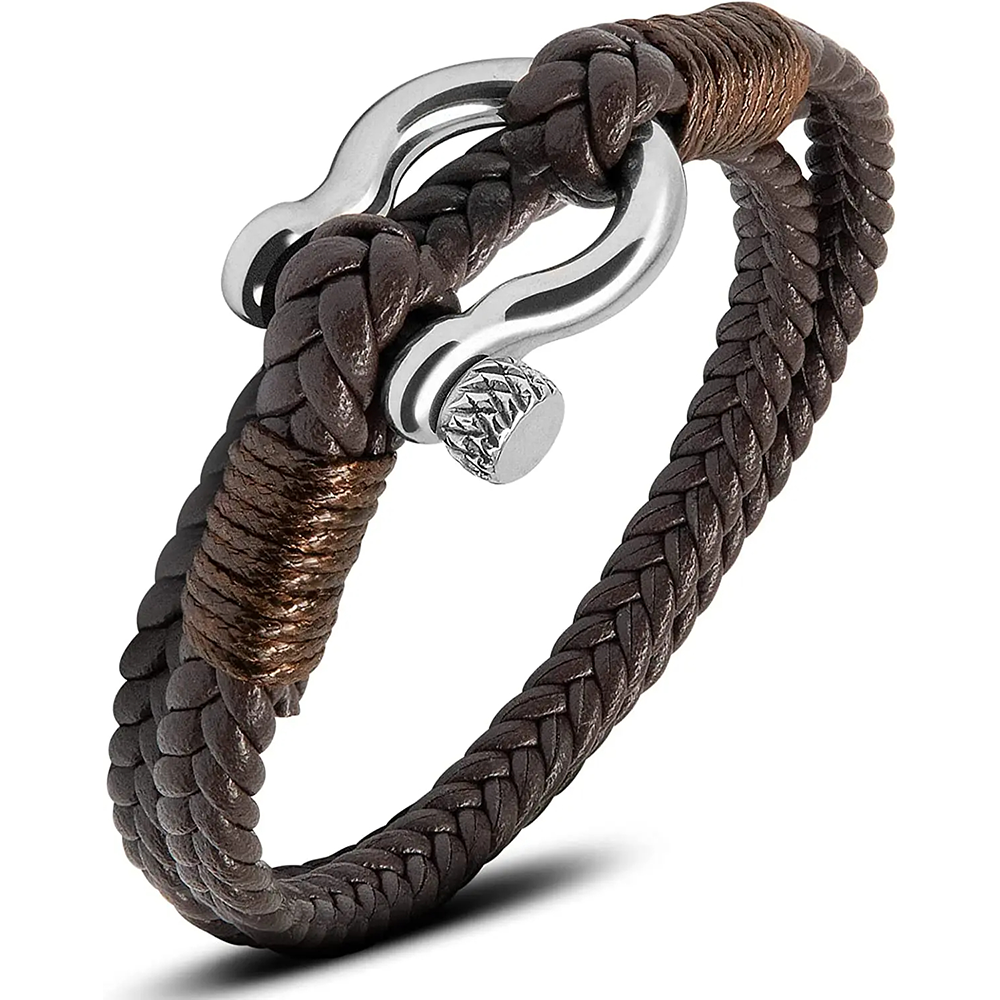 Brown braided leather bracelet with a silver clasp on a white background