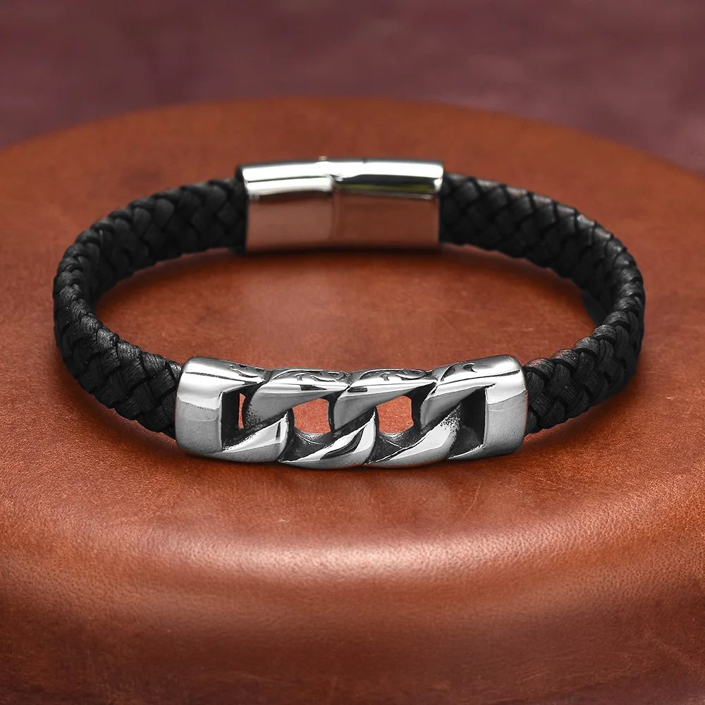 Braided Leather & Steel Bracelet
