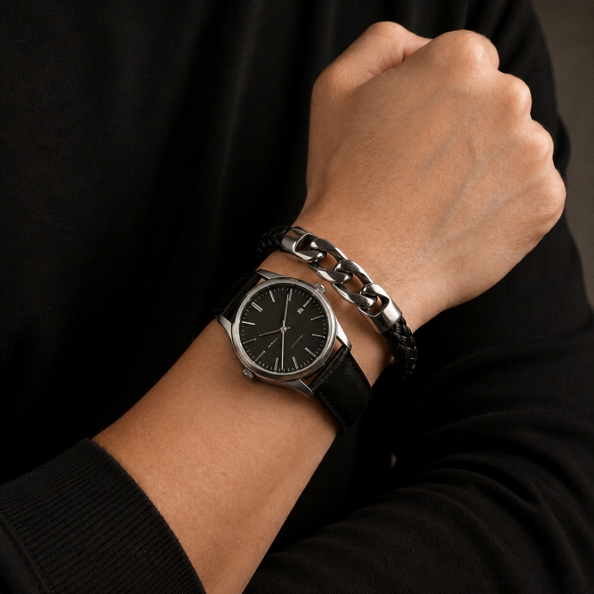 Braided Leather & Steel Bracelet