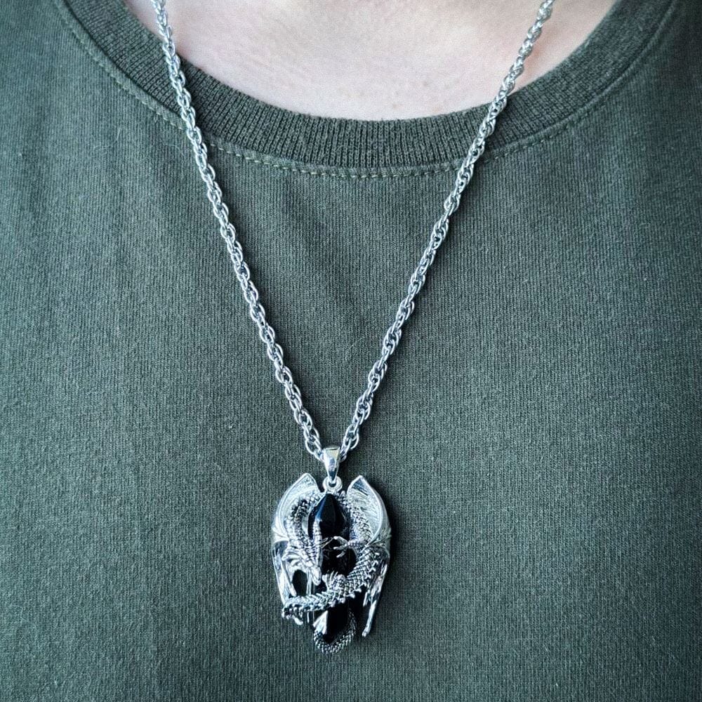  Obsidian Dragon Pendant in Silver Necklace Skaldic Jewelry 
