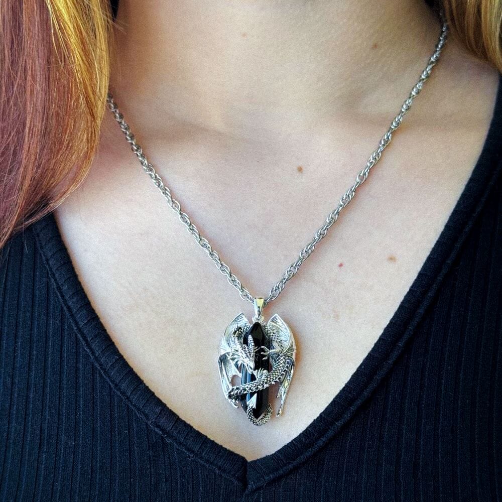 Shadowflame Obsidian Dragon Pendant in Silver Necklace Skaldic Jewelry 