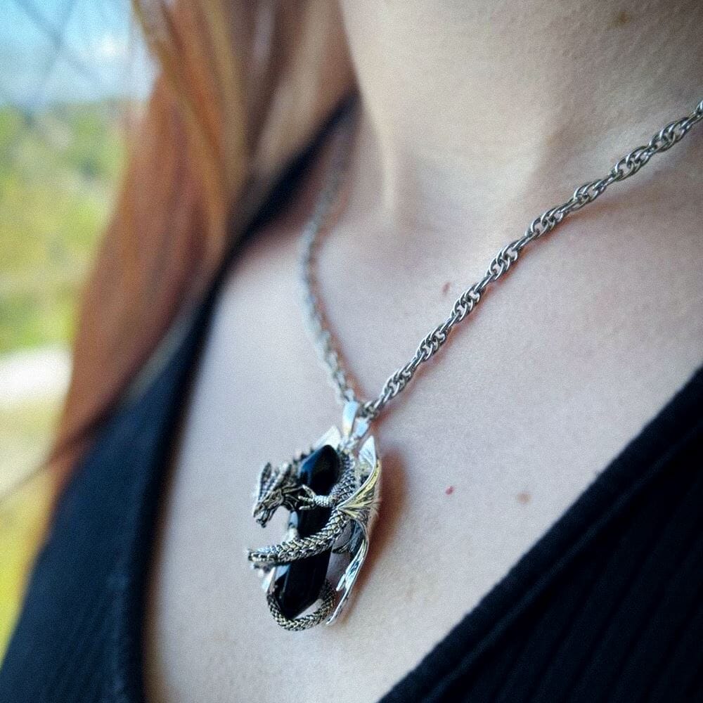 Shadowflame Obsidian Dragon Pendant in Silver Necklace Skaldic Jewelry 