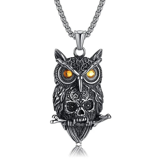 Ancient Owl Skull Necklace in Stainless Steel Necklace Skaldic Jewelry 