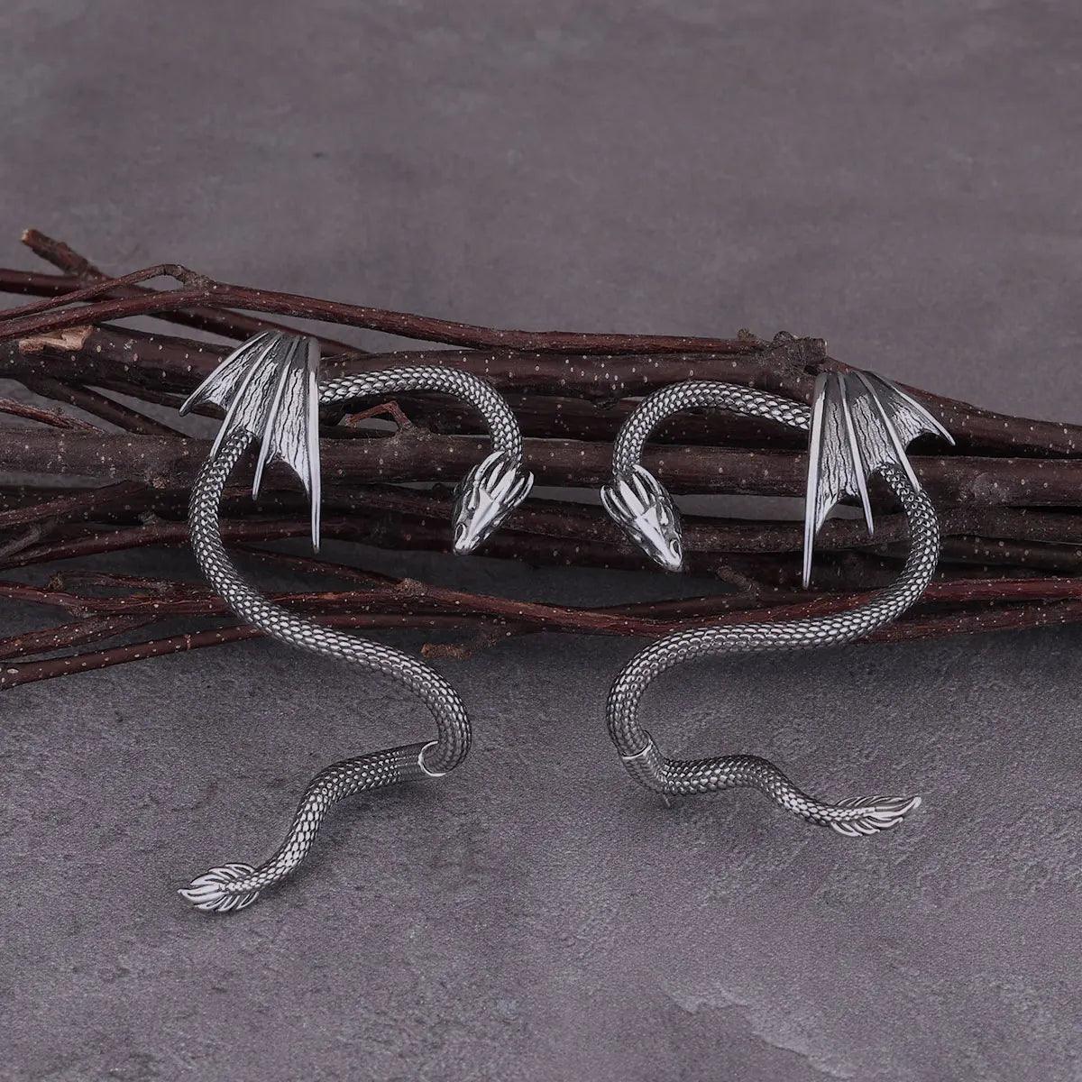 Winged Dragon Ear Cuff in Stainless Steel - Skaldic Jewelry 1 Pair Earrings