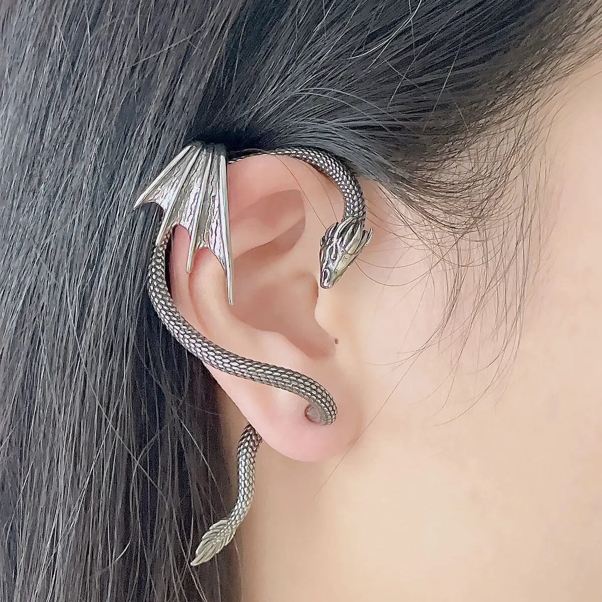 Winged Dragon Ear Cuff in Stainless Steel - Skaldic Jewelry 1 Piece – Left Earrings