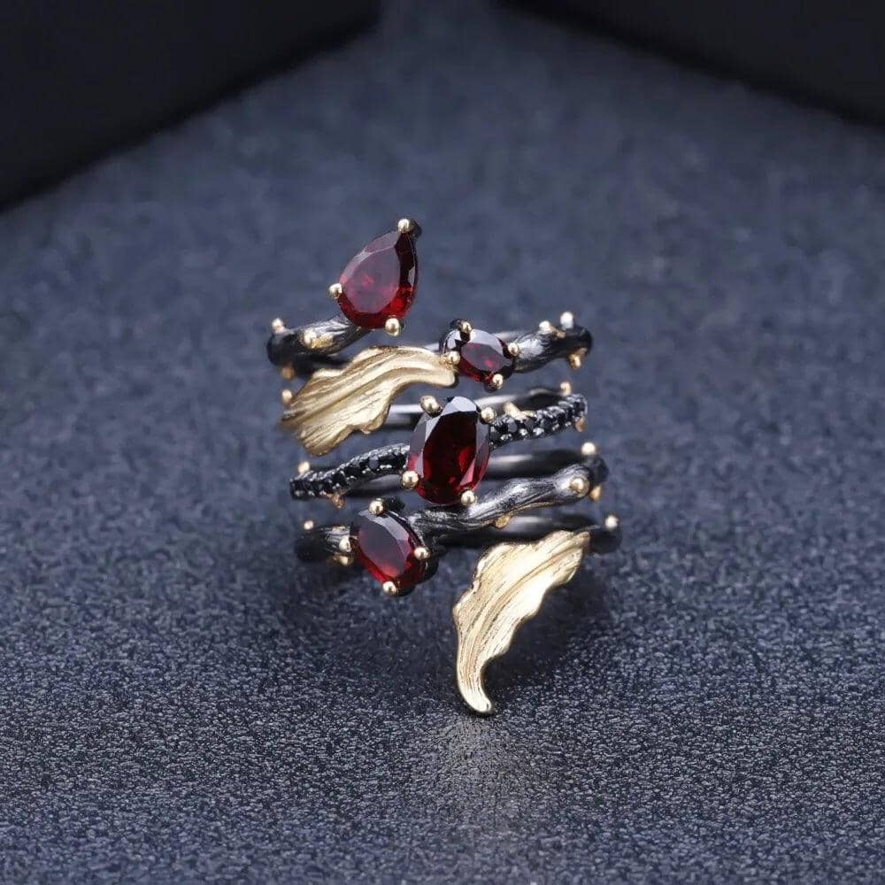 Freya’s Forest Ring in Silver with Garnet Ring [Skaldic_Jewelry] 