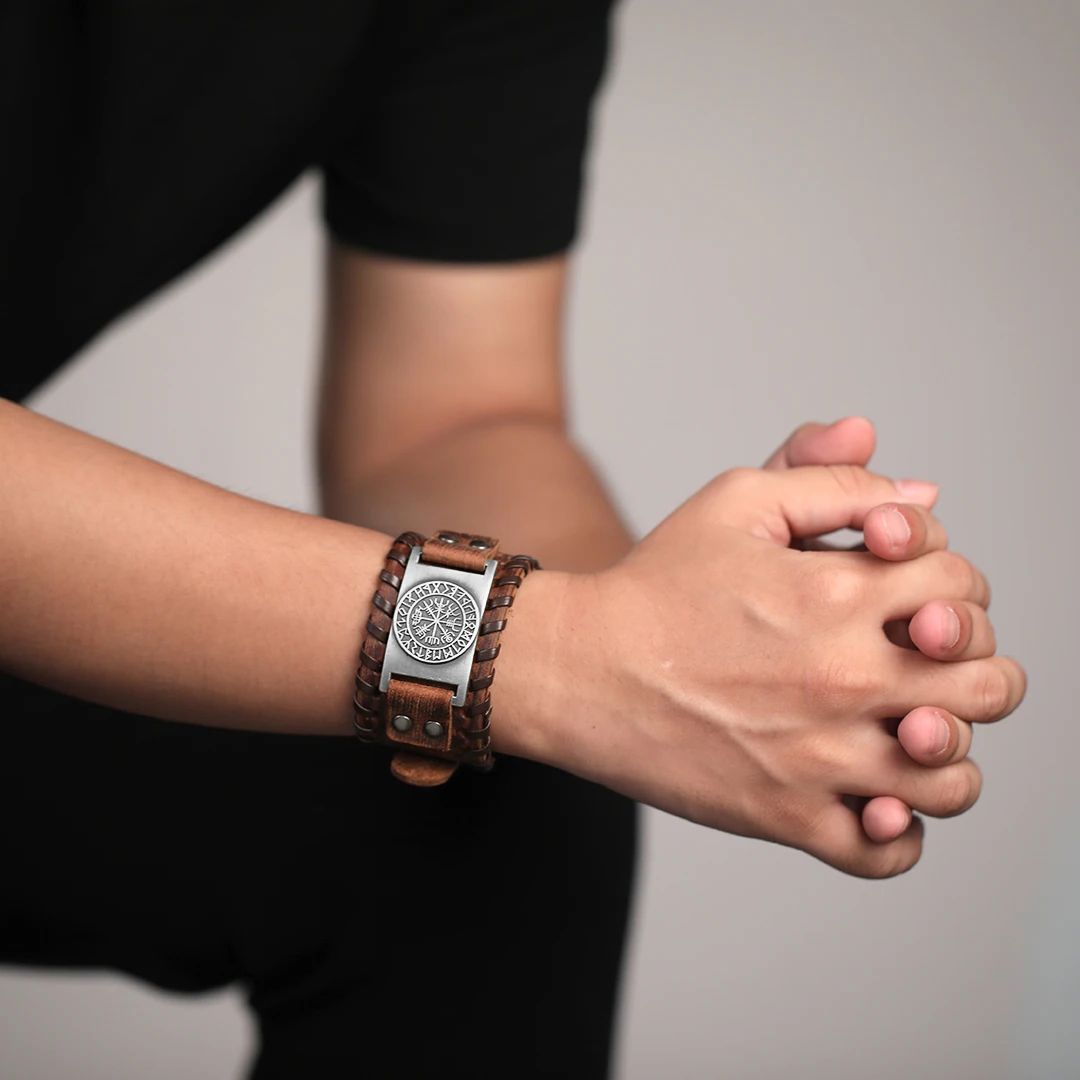 Nordic Compass Leather Bracelet Bracelet Skaldic Jewelry Brown 