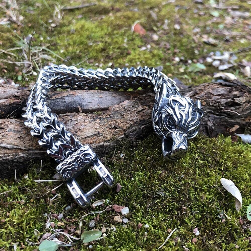 Pulseira Masculina Lobo Ancestral em Aço Inoxidável Skaldic Jewelry 