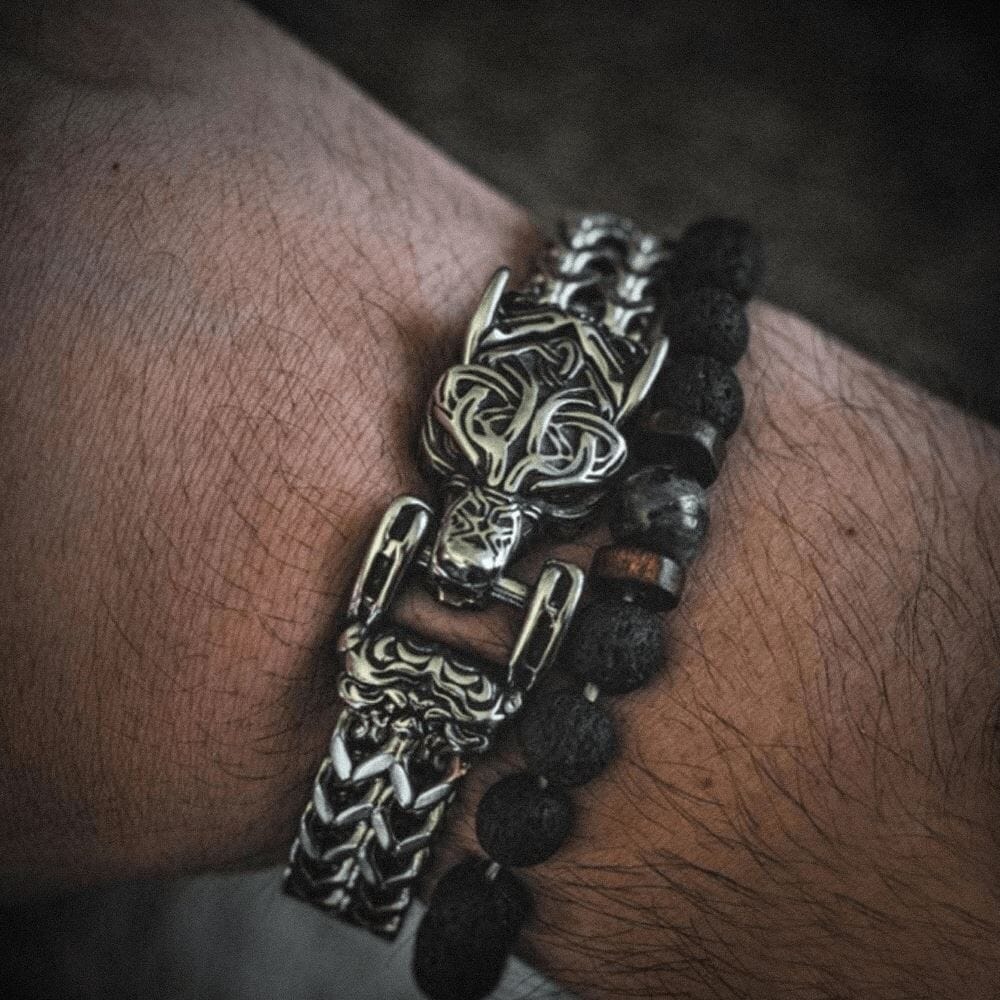 Pulseira Masculina Lobo Ancestral em Aço Inoxidável Skaldic Jewelry 