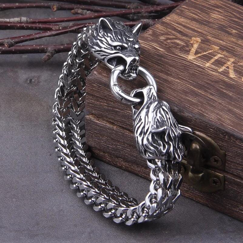 Pulseira Masculina Lobo Viking em Aço Inoxidável Skaldic Jewelry 