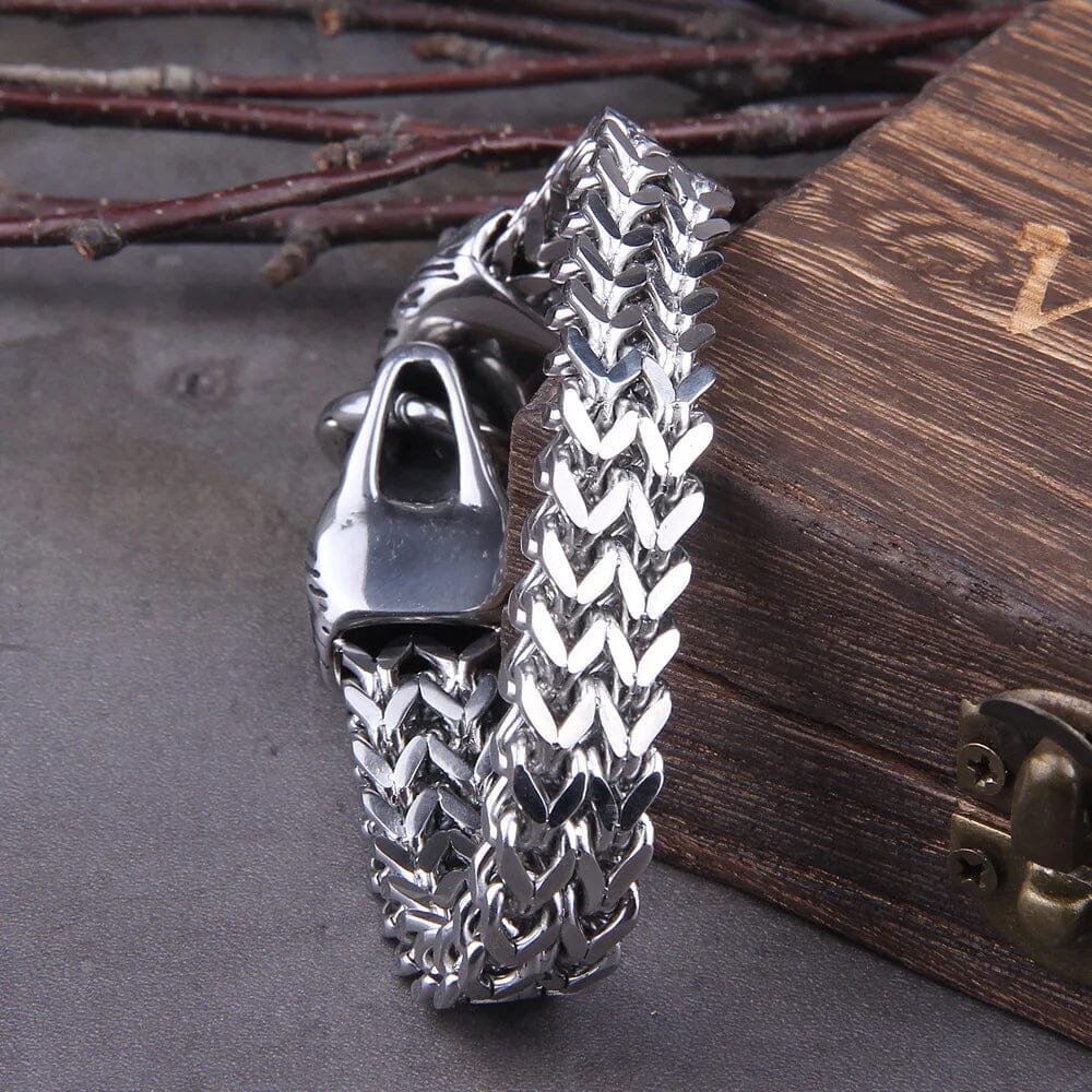 Pulseira Masculina Lobo Viking em Aço Inoxidável Skaldic Jewelry 