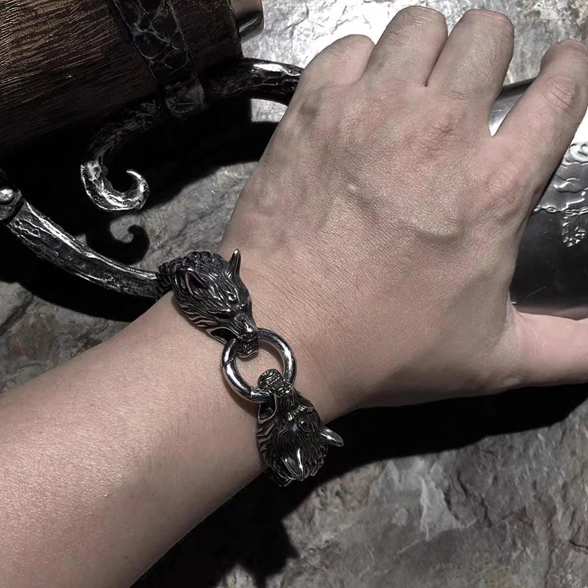 Pulseira Masculina Lobo Viking em Aço Inoxidável Skaldic Jewelry 