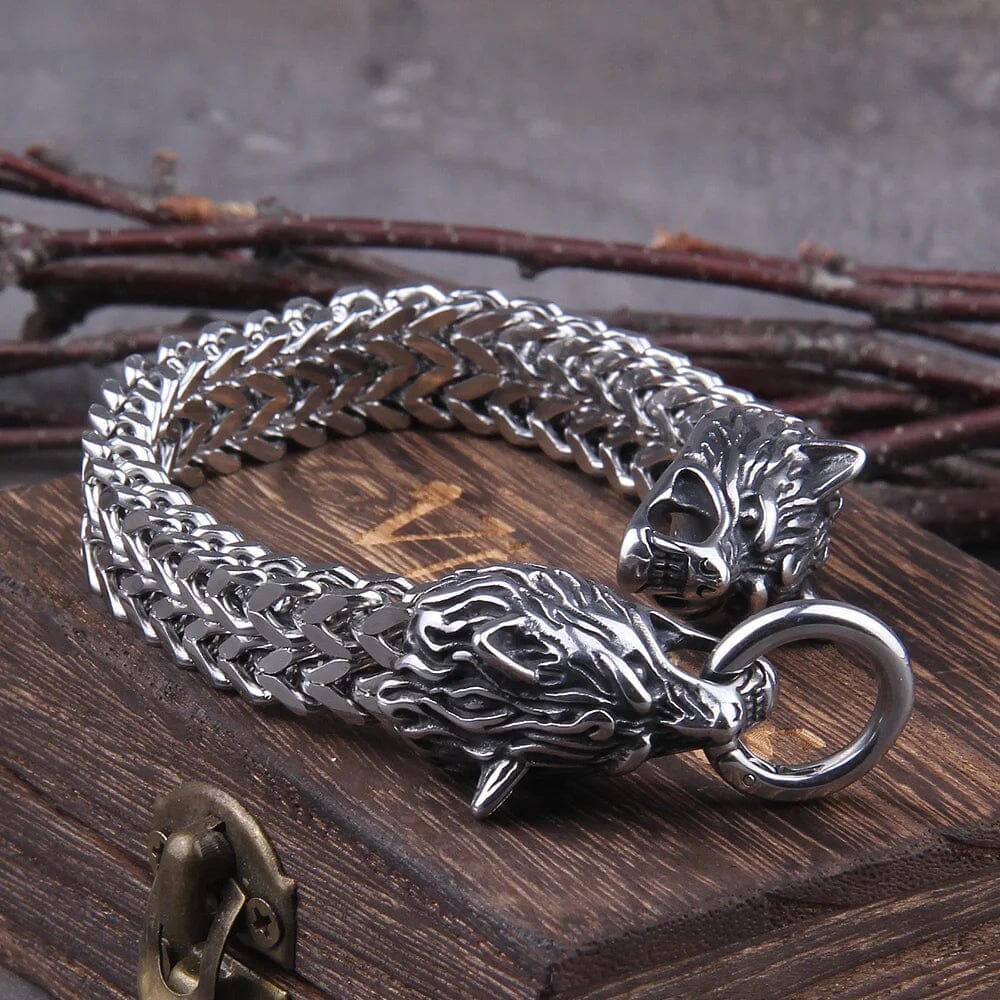 Pulseira Masculina Lobo Viking em Aço Inoxidável Skaldic Jewelry 