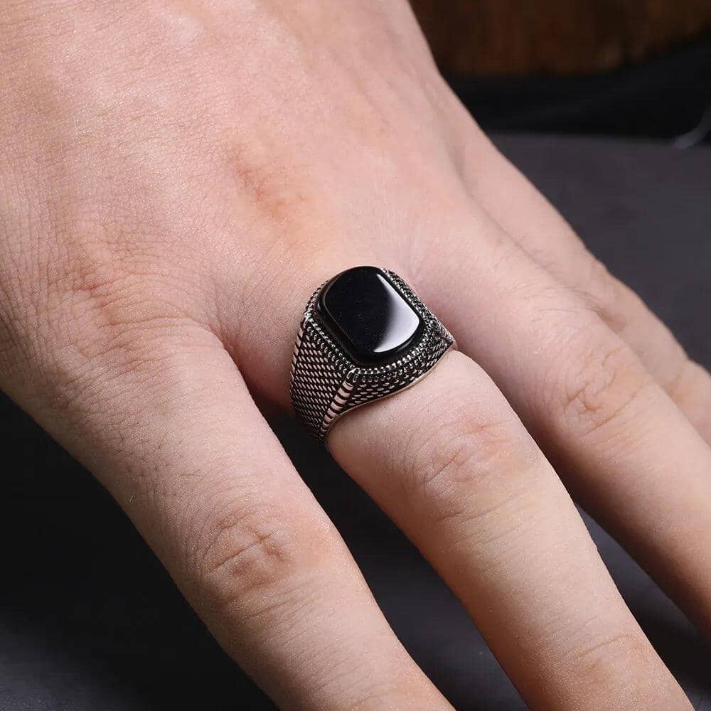 Unisize Dragon Scale Ring with Black Agate in Silver Ring [Skaldic_Jewelry] 