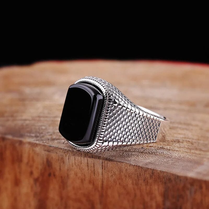 Unisize Dragon Scale Ring with Black Agate in Silver Ring [Skaldic_Jewelry] 