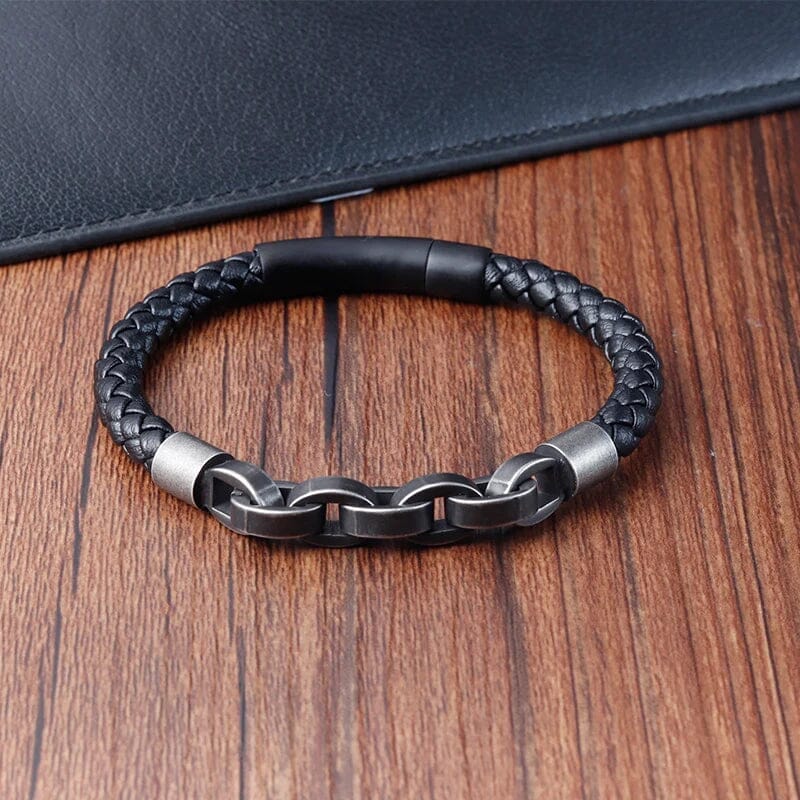 Biker Bracelet with Leather and Stainless Steel Chains Bracelet [Skaldic_Jewelry] 