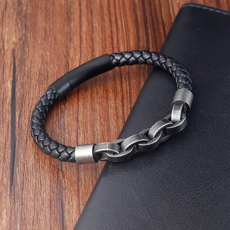 Biker Bracelet with Leather and Stainless Steel Chains Bracelet [Skaldic_Jewelry] 