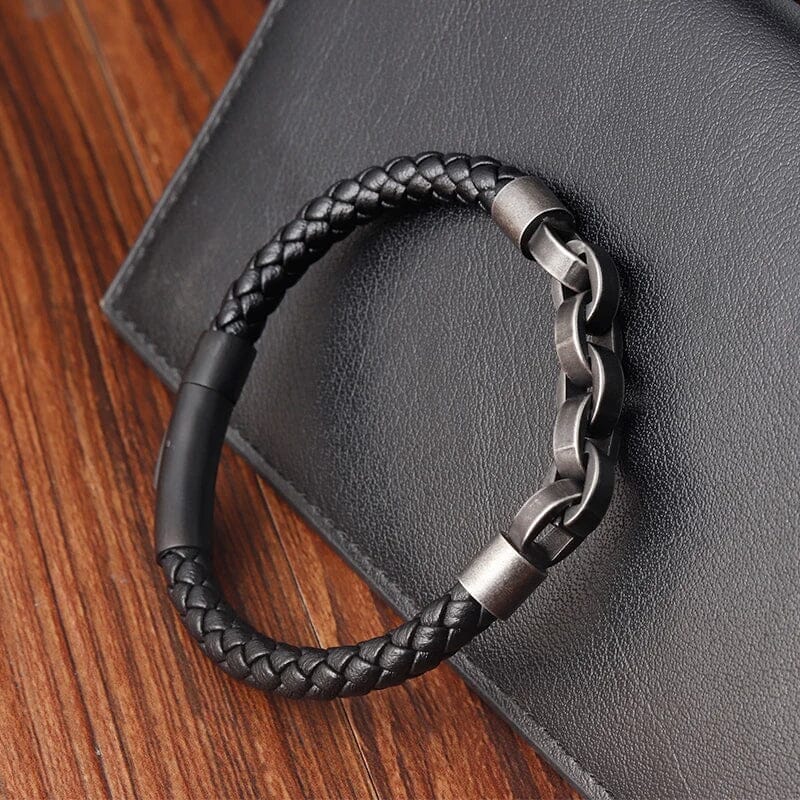 Biker Bracelet with Leather and Stainless Steel Chains Bracelet [Skaldic_Jewelry] 