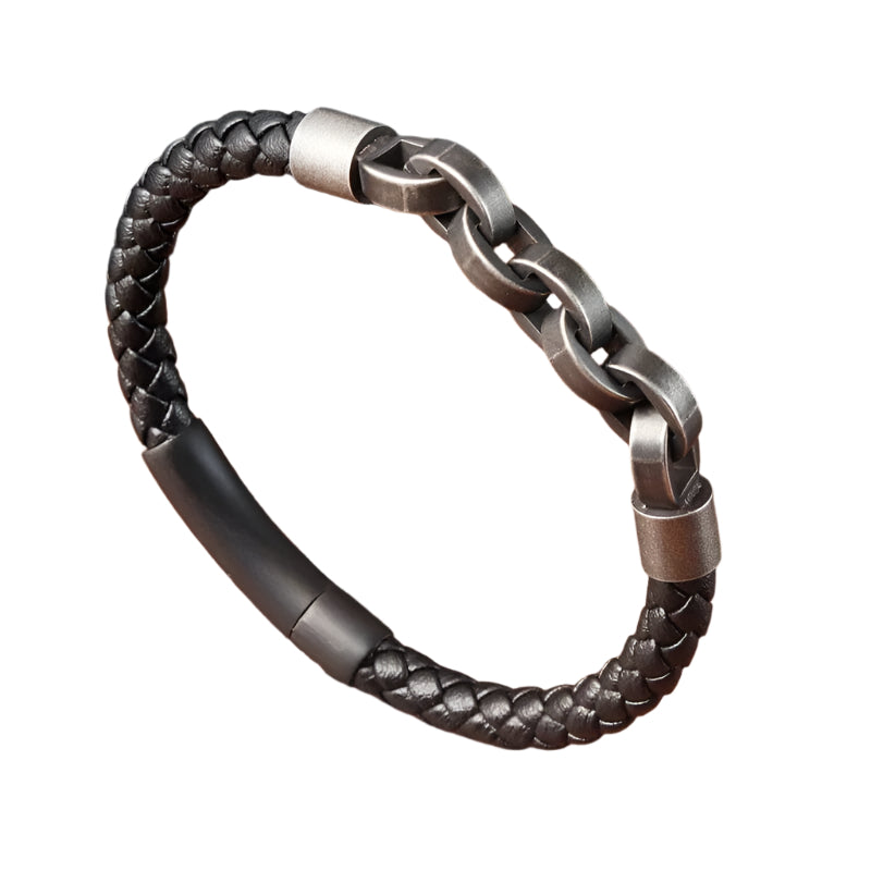 Biker Bracelet with Leather and Stainless Steel Chains Bracelet [Skaldic_Jewelry] 