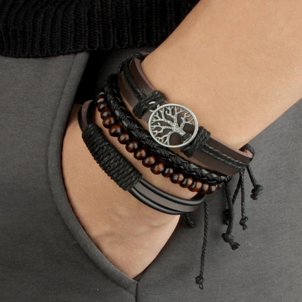 Viking Spirit Leather Bracelet Set – 4 Pieces Bracelet Skaldic Jewelry Yggdrasil 